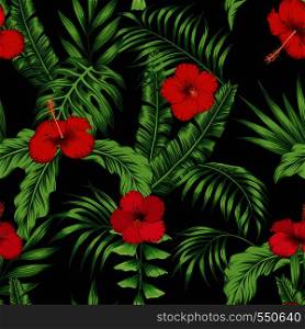 Exotic tropical flowers pink and red hibiscus, green monstera, palm leaves pattern seamless on the black background. Beach vector wallpaper