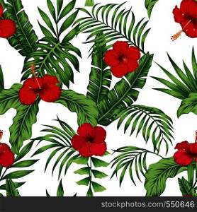 Exotic tropical flowers pink and red hibiscus, green monstera, palm leaves pattern seamless on the white background. Beach vector wallpaper