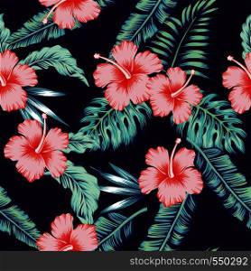 Exotic tropical flowers pink hibiscus green monstera palm leaves pattern seamless. Dark blue vector vintage wallpaper