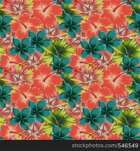Exotic tropical flowers plumeria hibiscus abstract pastel color seamless vector pattern background. Trendy spring summer wallpaper