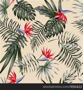 Exotic tropical flowers red bird of paradise (strelitzia) and green leaves on the light background pattern seamless