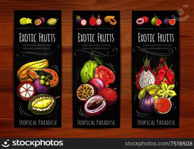 Exotic tropical fruits banners with papaya, star fruit, guava, mangosteen, passion fruit, lychee, fig, dragon fruit and durian fruits. Tropical cocktail, vegetarian dessert, food packaging design. Exotic tropical fruits banners for food design