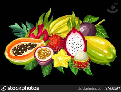 Exotic tropical fruits collection. Illustration of asian plants. Exotic tropical fruits collection. Illustration of asian plants.