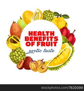Exotic tropical fruits harvest of tropic durian, cherimoya or sweetsops and santol. Vector banner of organic farm ackee apple, pomelo citrus or quince pear and kumquat or ambarella fruits. Exotic tropic fruits, healthy natural food