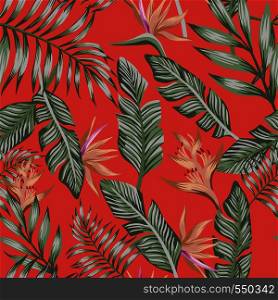 Exotic tropical green palm leaves brown tropical flowers bird of paradise (strelizia) seamless vector pattern trendy living coral background