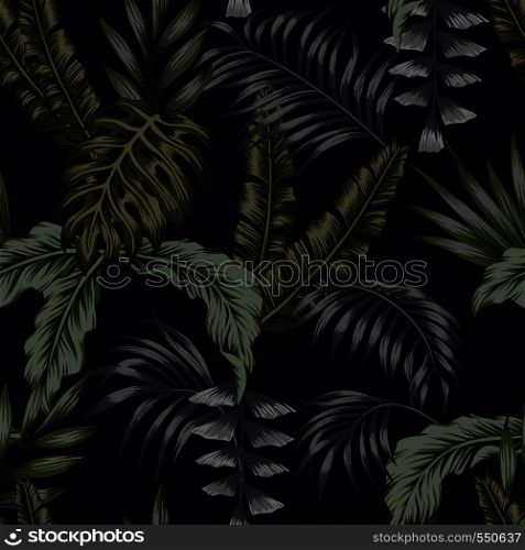 Exotic tropical green palm leaves dark night jungle background seamless vector pattern trendy composition beach wallpaper