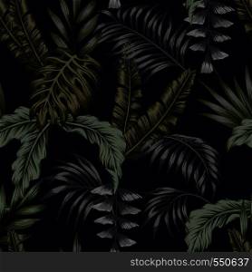 Exotic tropical green palm leaves dark night jungle background seamless vector pattern trendy composition beach wallpaper