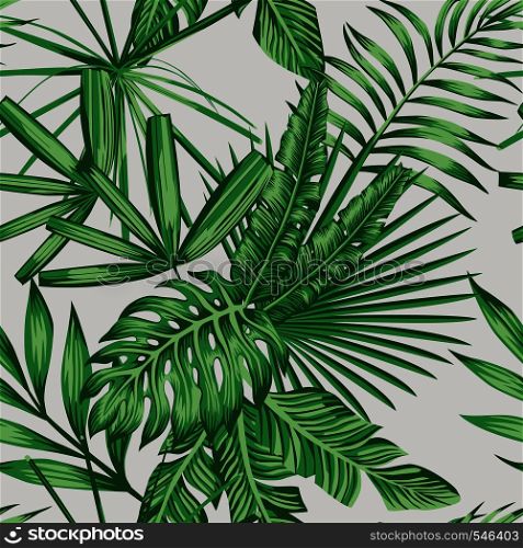 Exotic tropical green vector leaves seamless pattern light background