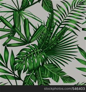 Exotic tropical green vector leaves seamless pattern light background