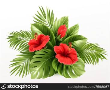 Exotic Tropical hibiscus flowers and monstera leaves, palm leaves of tropical plants isolated on white background. Vector illustration EPS10. Exotic Tropical hibiscus flowers and monstera leaves, palm leaves of tropical plants isolated on white background. Vector illustration