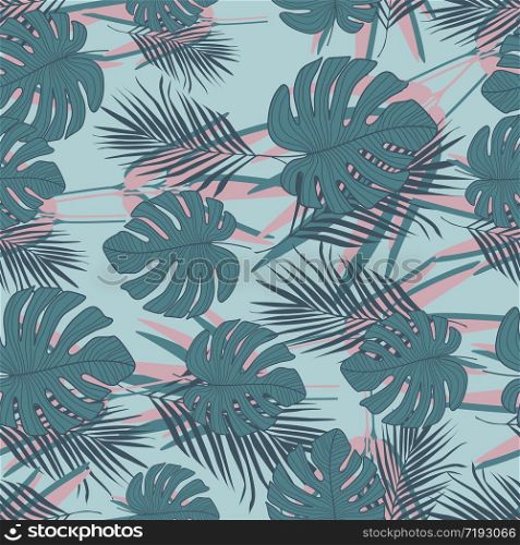 Exotic tropical leaves seamless pattern on blue background. Trendy botanical leaf wallpaper. Design for fabric, textile print, wrapping paper, fashion, interior, cover. Vector illustration. Exotic tropical leaves seamless pattern on blue background. Trendy botanical leaf wallpaper.