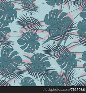 Exotic tropical leaves seamless pattern on blue background. Trendy botanical leaf wallpaper. Design for fabric, textile print, wrapping paper, fashion, interior, cover. Vector illustration. Exotic tropical leaves seamless pattern on blue background. Trendy botanical leaf wallpaper.