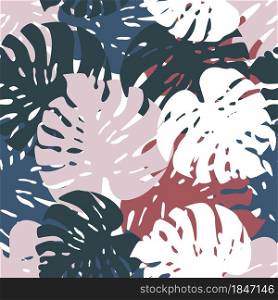 Exotic tropical monstera leaves seamless pattern. Creative palm leaf botanical wallpaper. Modern foliage backdrop. Design for fabric , textile print, wrapping, cover. Abstract vector illustration.. Exotic tropical monstera leaves seamless pattern. Creative palm leaf botanical wallpaper.