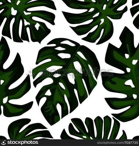 Exotic Tropical monstera leaves seamless pattern. Tropical pattern, vector botanical background. Summer design for fabric, textile print, wrapping paper, children textile. Vector illustration. Exotic Tropical monstera leaves seamless pattern. Tropical pattern
