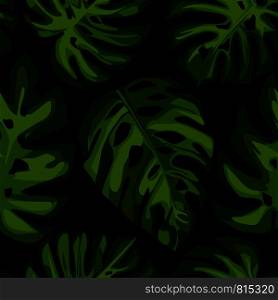 Exotic Tropical monstera leaves seamless pattern. Tropical pattern, vector botanical on black background. Summer design for fabric, textile print, wrapping paper, children textile. Vector illustration. Exotic Tropical monstera leaves seamless pattern. Tropical pattern