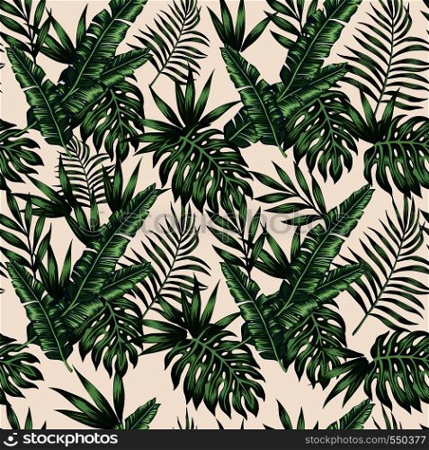 Exotic tropical palm leaves monstera beige background. Vector seamless pattern wallpaper