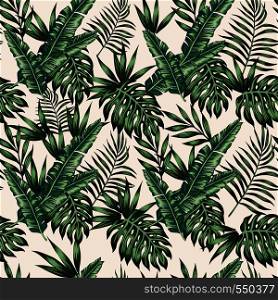 Exotic tropical palm leaves monstera beige background. Vector seamless pattern wallpaper