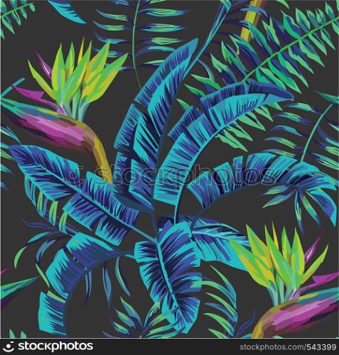 Exotic tropical plants and flowers in the jungle night. Seamless vector illustration pattern on a black background palm leaves in trendy blue style