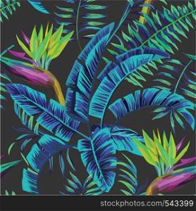 Exotic tropical plants and flowers in the jungle night. Seamless vector illustration pattern on a black background palm leaves in trendy blue style