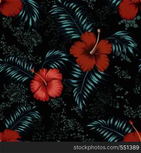 Exotic tropical red hibiscus flowers and blue leaves, butterflies seamless vector pattern on the scattered circles background