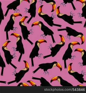 Exotic tropical seamless pattern from vector bird toucan. Natural summer beach Hawaii wallpaper. Trendy pink background