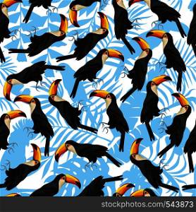 Exotic tropical seamless pattern from vector bird toucan. Natural summer beach Hawaii wallpaper. Trendy white blue background