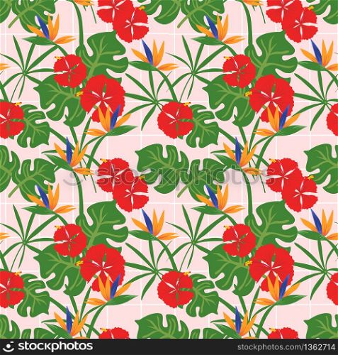 Exotic tropical seamless pattern with palm leaves and colorful flowers.