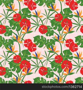 Exotic tropical seamless pattern with palm leaves and colorful flowers.