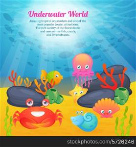 Exotic underwater world tropical oceanarium cartoon creatures cute star fishes corals animals advertisement poster abstract vector illustration.
