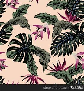 Exotic vector flowers tropical leaves green seamless light pink background.Trendy seamless pattern beach wallpaper