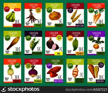 Exotic vegetables price cards for farm market. Vector set of chayote squash, cassava or hikama tuber and mini corn, parsnip, yams or taro and cyclante or artichoke, turnip or radish and arracacha. Vector price cards for exotic vegetables