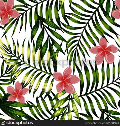 Exotic wallpaper of bright jungle green tropical leaves and pink flowers frangipani (plumeria) seamless pattern. Vector composition white background