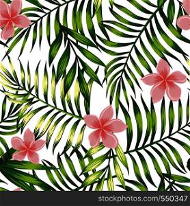 Exotic wallpaper of bright jungle green tropical leaves and pink flowers frangipani (plumeria) seamless pattern. Vector composition white background