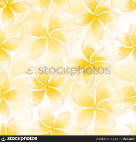 Exotic yellow blooming plumeria seamless pattern. Tropical flowers wallpaper. Abstract botanical backdrop. Design for fabric , textile print, wrapping, cover. Vector illustration.. Exotic yellow blooming plumeria seamless pattern. Tropical flowers wallpaper.