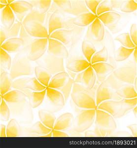 Exotic yellow blooming plumeria seamless pattern. Tropical flowers wallpaper. Abstract botanical backdrop. Design for fabric , textile print, wrapping, cover. Vector illustration.. Exotic yellow blooming plumeria seamless pattern. Tropical flowers wallpaper.