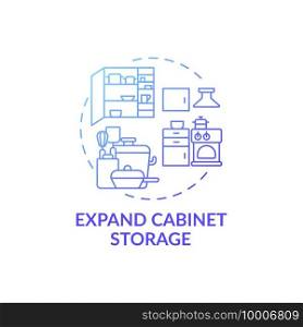 Expand cabinet storage blue gradient concept icon. Finding and freeing storage space idea thin line illustration. Clean space in cupboard of kitchen. Vector isolated outline RGB color drawing. Expand cabinet storage blue gradient concept icon
