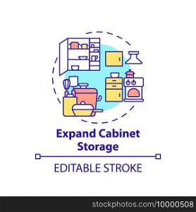 Expand cabinet storage concept icon. Amping up and using cabinet space idea thin line illustration. Clear space in kitchen cupboard. Vector isolated outline RGB color drawing. Editable stroke. Expand cabinet storage concept icon