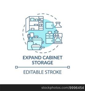 Expand cabinet storage concept icon. Using cabinet space storage idea thin line illustration. Clean space in kitchen cupboard. Vector isolated outline RGB color drawing. Editable stroke. Expand cabinet storage concept icon