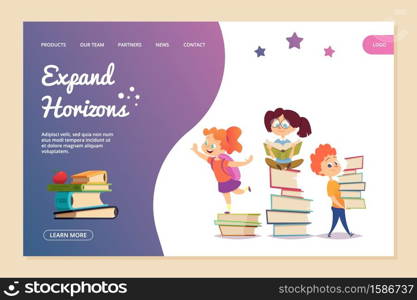 Expand horizons vector concept. Reading landing page template. Cartoon kids read books and education new knowledge, girl and boy learning illustration. Expand horizons vector concept. Reading landing page template. Cartoon kids read books