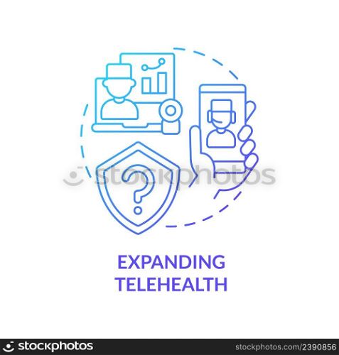 Expanding telehealth blue gradient concept icon. Healthcare system challenge abstract idea thin line illustration. Improve health equity. Isolated outline drawing. Myriad Pro-Bold font used. Expanding telehealth blue gradient concept icon