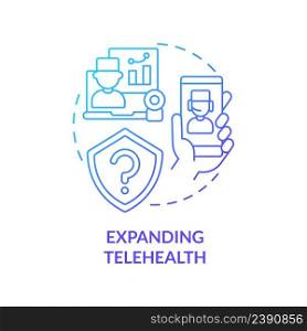 Expanding telehealth blue gradient concept icon. Healthcare system challenge abstract idea thin line illustration. Improve health equity. Isolated outline drawing. Myriad Pro-Bold font used. Expanding telehealth blue gradient concept icon