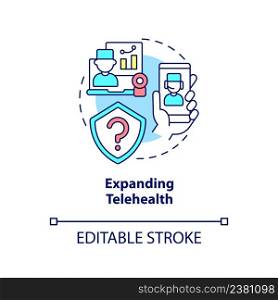 Expanding telehealth concept icon. Healthcare system challenge abstract idea thin line illustration. Improve health equity. Isolated outline drawing. Editable stroke. Arial, Myriad Pro-Bold fonts used. Expanding telehealth concept icon