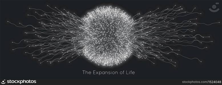 Expansion of life. Vector sphere explosion background. Small particles strive out of center. Blurred debrises into rays or lines under high speed of motion. Burst, explosion backdrop. Expansion of life. Vector sphere explosion background. Small particles strive out of center. Blurred debrises into rays or lines under high speed of motion. Burst, explosion backdrop.