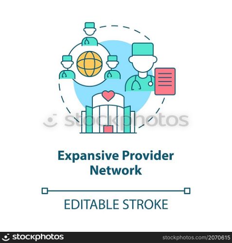 Expansive provider network concept icon. Corporate insurance abstract idea thin line illustration. Isolated outline drawing. Editable stroke. Roboto-Medium, Myriad Pro-Bold fonts used. Expansive provider network concept icon