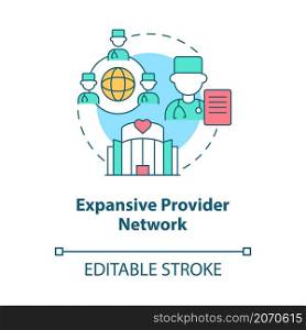 Expansive provider network concept icon. Corporate insurance abstract idea thin line illustration. Isolated outline drawing. Editable stroke. Roboto-Medium, Myriad Pro-Bold fonts used. Expansive provider network concept icon