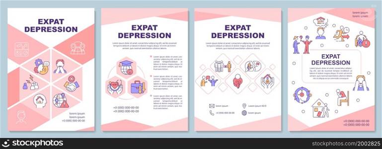 Expat depression brochure template. Feel anxious when relocating. Flyer, booklet, leaflet print, cover design with linear icons. Vector layouts for presentation, annual reports, advertisement pages. Expat depression brochure template