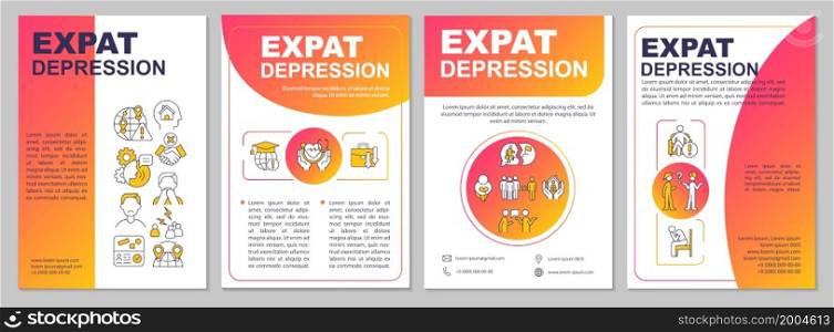 Expat depression red brochure template. Feel anxious when relocate. Flyer, booklet, leaflet print, cover design with linear icons. Vector layouts for presentation, annual reports, advertisement pages. Expat depression red brochure template