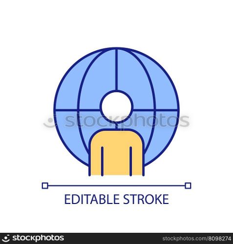 Expatriate RGB color icon. Global citizenship. International migration. Human rights. Cosmopolitan person. Man and globe. Isolated vector illustration. Simple filled line drawing. Editable stroke. Expatriate RGB color icon