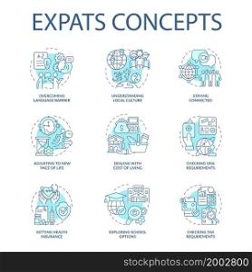 Expats blue concept icons set. Emigration idea thin line color illustrations. Relocate for job and living. Change residence country. New language. Vector isolated outline drawings. Editable stroke. Expats blue concept icons set