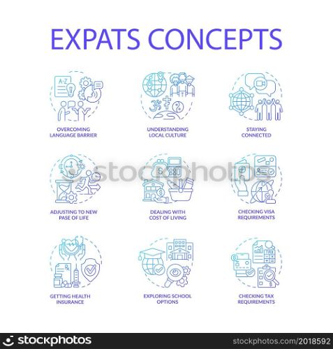 Expats blue gradient concept icons set. Emigration idea thin line color illustrations. Relocate for job and living. Change residence country. New language. Vector isolated outline drawings. Expats blue gradient concept icons set